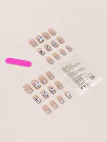 24 piezas de uñas postizas de tamaño mediano con forma rectangular trapezoidal/brillantes de plata con diamantes en estilo ataúd, adecuadas para el estilo de chica caliente, para uso diario, reuniones y uso casual. - Multicolor - Ver 3