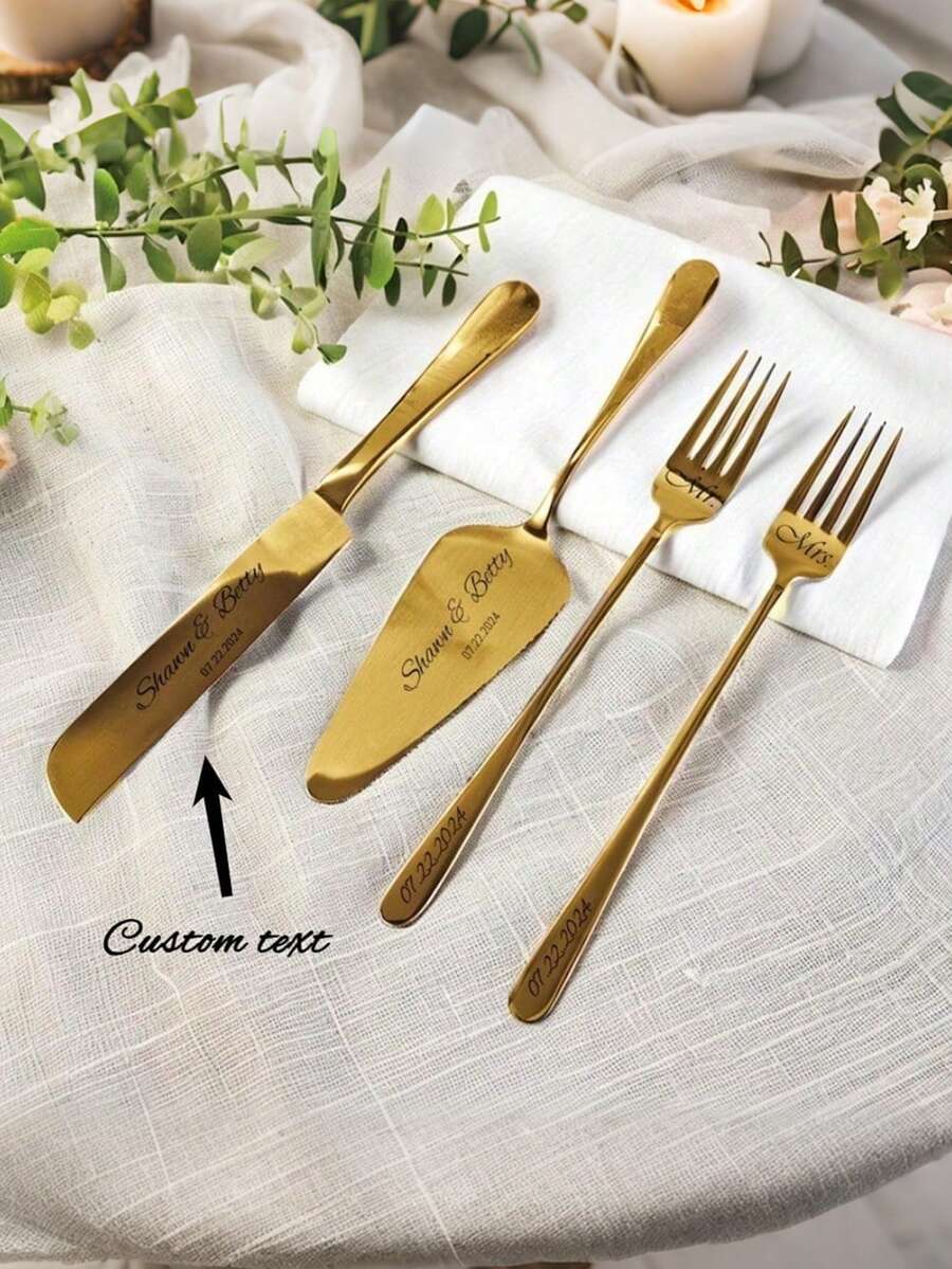 4pcs Customized Wedding Cake Cutting Set, Personalized Souvenir, Suitable For Bride, Anniversary, Engagement Couple Cake Knife & Fork Set - Multicolor - View 1
