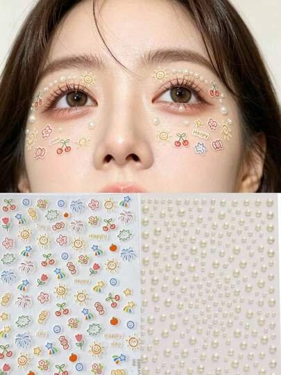 1 miếng dán trang điểm mắt hình hoa hướng dương đính ngọc trai, hình dán hoạt hình dễ thương, ngọt ngào và năng động, dụng cụ trang điểm sân khấu/trang điểm hàng ngày tự làm, phong cách Y2K, nhũ lấp lánh cho mặt, lễ hội, trang trí khuôn mặt.