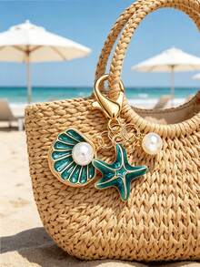 复古贝壳和海星吊坠钥匙扣，配珍珠吊坠，可作包包挂饰，海洋风锌合金钥匙圈，汽车挂饰，海洋生物吊坠，钱包配饰挂件，优雅汽车装饰品，背包挂件，钱包挂件，轻巧百搭，旅行配件，沙滩派对装饰，日常时尚配饰，母亲节、婚礼、毕业季的完美礼物 - 彩色 - 查看 3