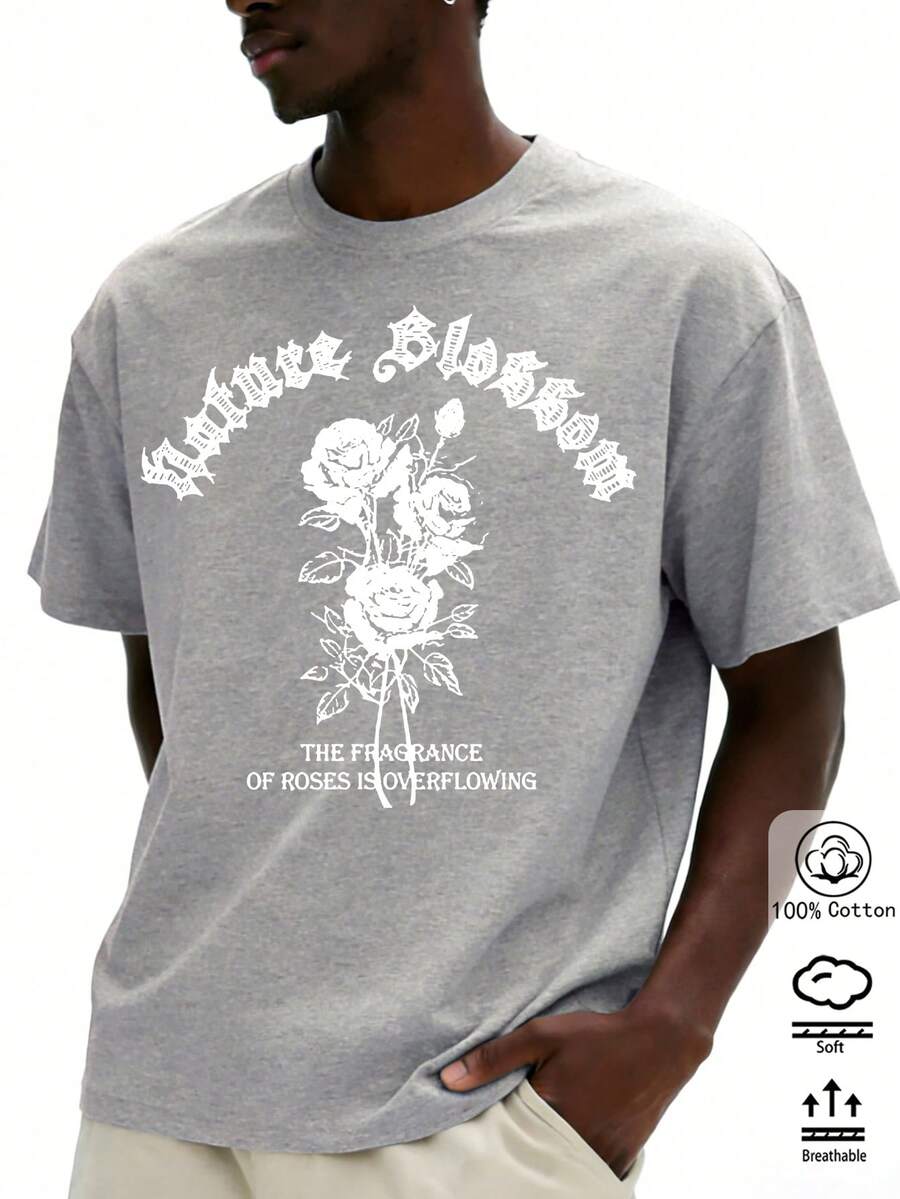 男士純色圓領短袖寬鬆T卹，100%棉質上衣，玫瑰花 哥德字母元素印花，春夏休閒男裝、街頭風、旅行穿搭、men's winter base layers, summer tops for men, summer menswear, knitwear, party styles, men's wummerits, men's wot size hoodies, matching sets for brothers, tailored styles, holiday leisurewear、辦公室/洗手間/家居/戶外運動/復古風/簡約趣味設計、四季通用、運動風、電影/動漫元素、青少年、男女通用、同色系套裝、80年代復古電影、90年代/Y2K風節輕裝 - 花灰 - 查看 1