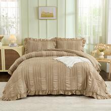 3 Piece Comforter Set Twin,Full,Queen,King,S Ruffle For Dorm Room Essentials Comforter For Twin,Full,Queen,King Bed,Khaki  Textured Bedding Set With 1 Ruffle Comforter, 2 Tufted Pillowcases,Wedding Items,Valentines Day Home Bed Room Decor,Mothers Day Gift,All Season - kaki - Xem 12