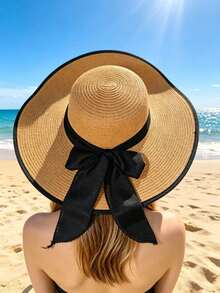 1 pièce Chapeau de paille à large bord avec bordure noire, décoré d'un nœud noir, convient pour la plage, les vacances, la protection solaire extérieure, les jours fériés, les voyages - Chapeau paille grosse vague gaze - Voir 10