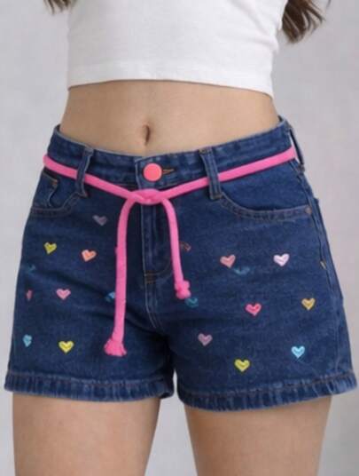 Short Jeans Feminino Juvenil Cordão Ajustável Botões Color Premium Estiloso Moda Verão Conforto
