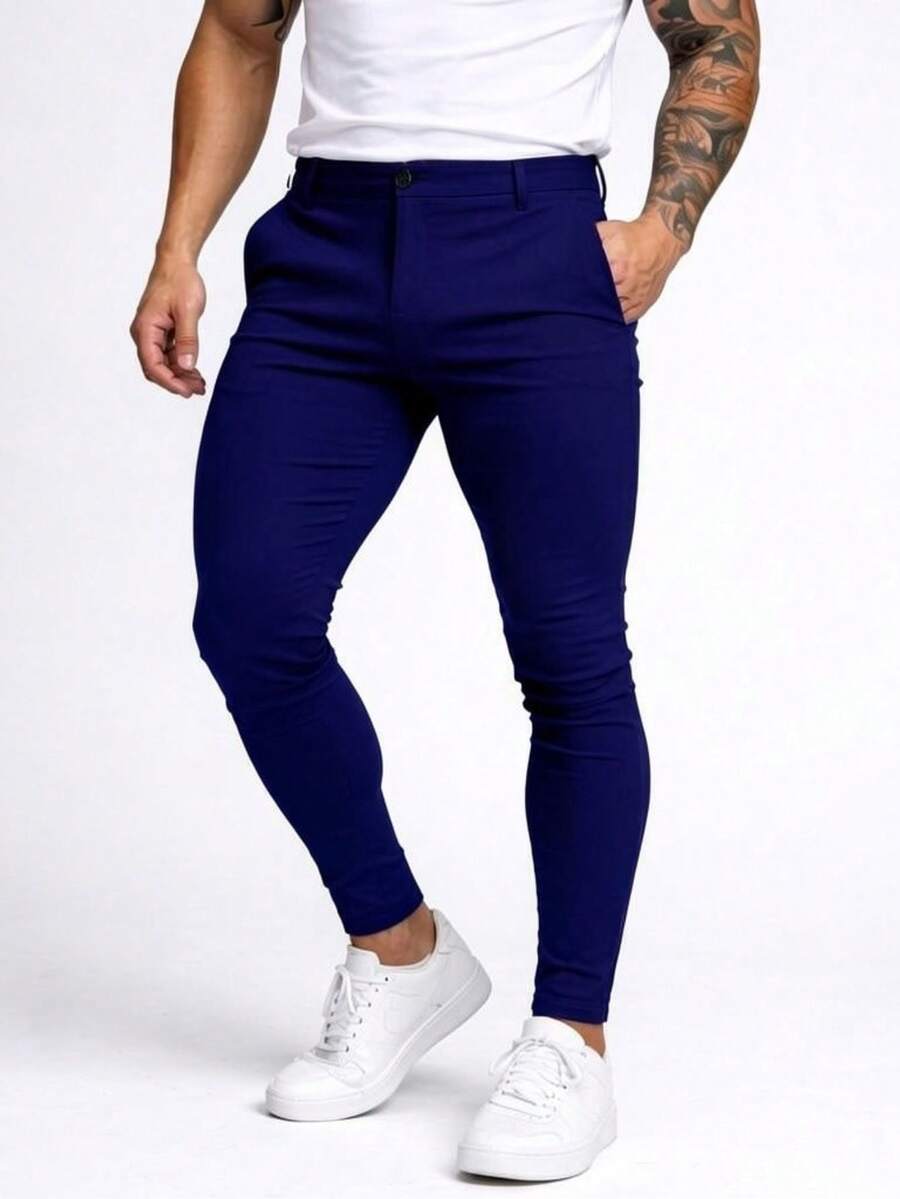 Men's Tailored Skinny Bengaline Premium Trousers - 藏蓝色 - 查看 1