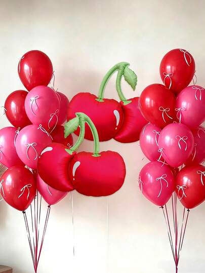 12pcs Large Matte Cherry Foil Balloons, 10-Inch Latex Balloon Set Includes DIY Ribbons, Suitable For Wedding Engagement, Anniversary, Cherry Blossom Theme Party, Birthday Surprise Party, Spring/Summer Gathering Decoration