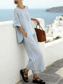 Plus Size Spring/Summer Casual Versatile Apricot Contrast Striped Round Neck Top With Asymmetric Side Slit Design, Pants With Spacious Pockets, Suitable For Ladies' Brunch, Summer Vacation And Other Occasions - Blue - View 6