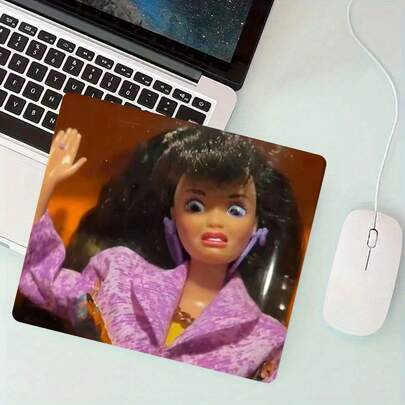 Retro 80s Fashion Doll Square Mouse Pad, Non-Slip Rubber Base With Stitched Edges, Small Gaming Desk Mat For Gamer Office Home Decor