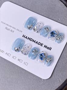 10pcs Handmade Short Square Blue Y2K Style Elegant Minimalist Cat Eye Glossy Nail Stickers, Suitable For Women And Girls, Applicable For Various Seasons, Festivals, Parties, Holidays And Daily Life Nail Art Supplies Press On Nails - Blue - View 2