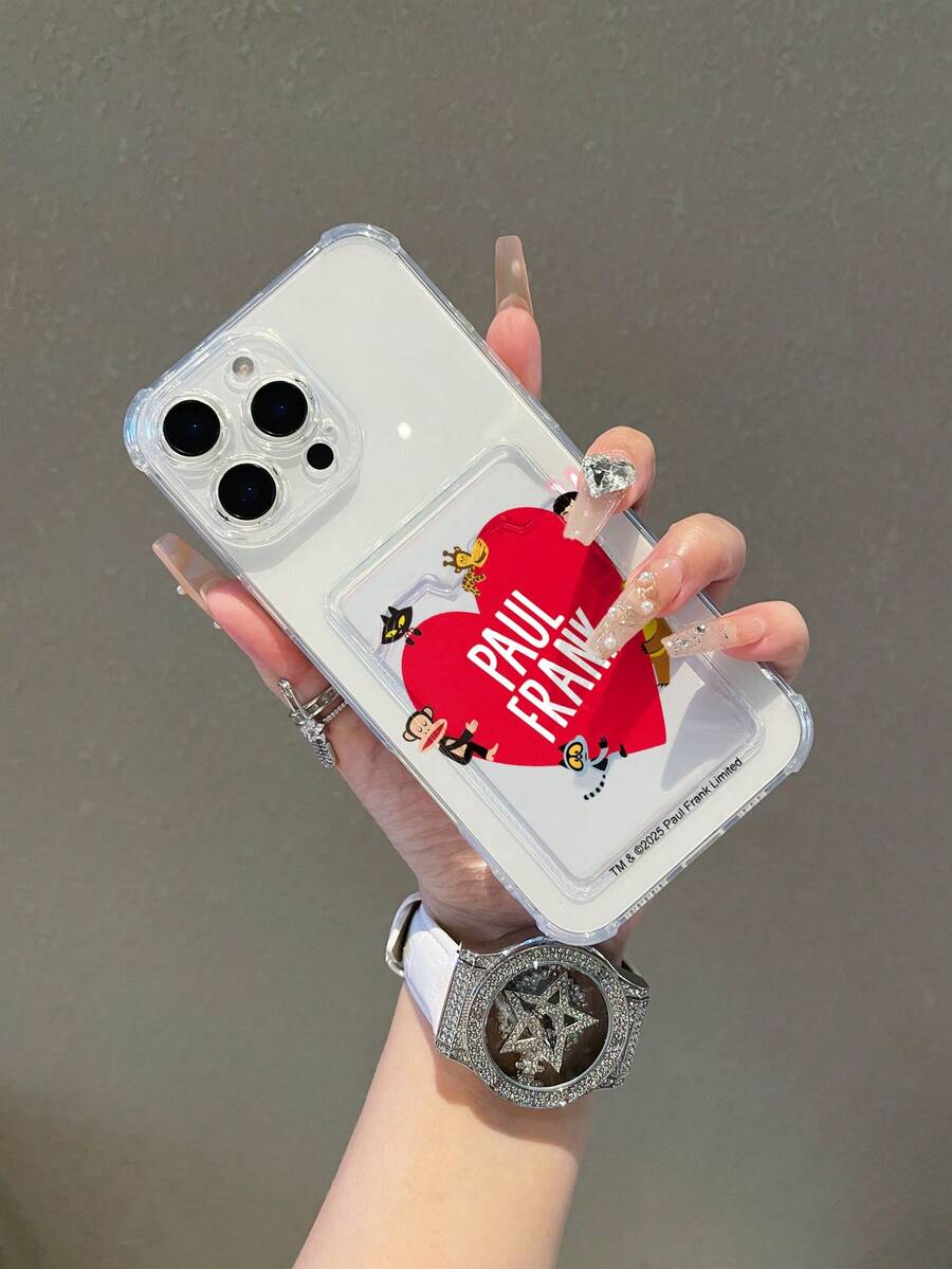 Official Licensed Paul Frank Transparent Card Holder Phone Case, Full Body Shockproof Camera Protection, Cartoon Monkey, Cat, Rabbit, Bear, Giraffe, Heart, Letter Pattern, New Compatible With Iphone 11/12/13/14/15/16 Pro Max - Multicolor - View 1