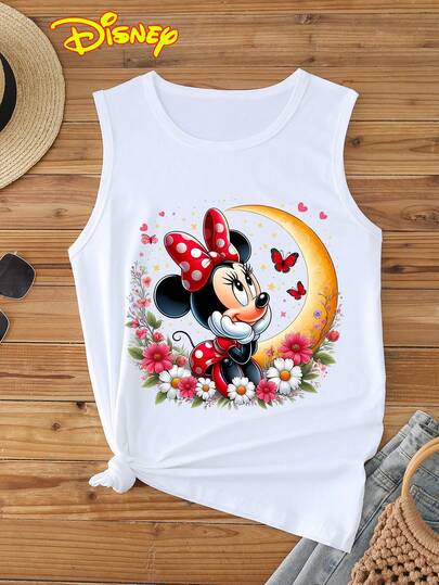 Disney 1 pieza Camiseta de tirantes para mujer, estampado de dibujos animados de Minnie Mouse, cuello redondo, ligeramente elástica