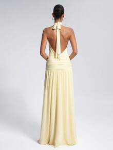 Elegant Yellow Halter Ruched Waist Backless Maxi Dress, Perfect For Wedding Party, Beach Vacation, Going Out Wear, Summer Party, Graduation - Yellow - View 6