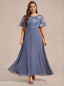 EVERPRETTY Elegant Round Neck Floral Beaded Embroidery Summer Formal Dress, Suitable For Mother Of The Bride Vacation Wedding Party - Dusty Blue - View 5