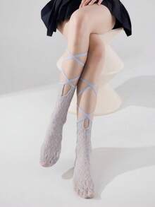 1 đôi tất ren mỏng màu đen/trắng/xám kiểu mới mùa xuân/hè, có quai chéo. - Nhiều màu - Xem 6