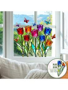1pc Colorful Tulip & Butterfly Static Cling Window Film, Reversible Stained Glass Effect Decal For Kitchen, Bedroom, Sunlight Reflection - Multicolor - View 6