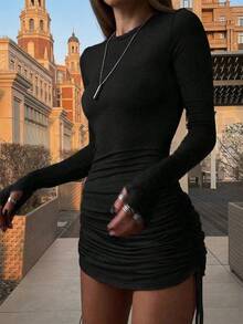 Women's Sexy Ruched Long Sleeve Bodycon Mini Dress With Drawstring, Elegant Date Night Essential, Black Bodycon Dress - Black - View 6