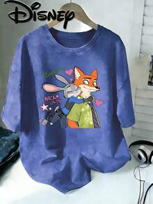 Disney Zootopia Nick Judy Hug Vintage Washed Brown Oversized Cotton T-Shirt, Extra Large Baggy Fit Tee For Couples, Zootopia Fan Top - 藍色 - 查看 1