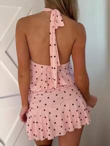 Minivestido sin mangas de lunares para mujer, cuello alto, falda fruncida, corte en A, ideal para fiestas de verano y ocasiones informales. - Rosa - Ver 2