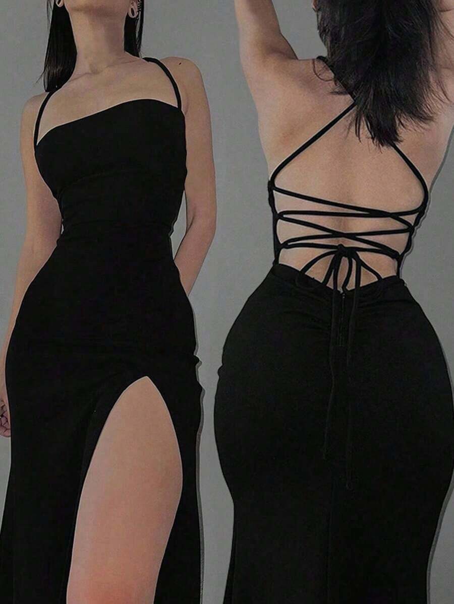 Sexy Solid Color Criss-Cross Backless High Slit Dress, Summer Casual Party Elegant Black - 淺灰色 2 - 查看 1