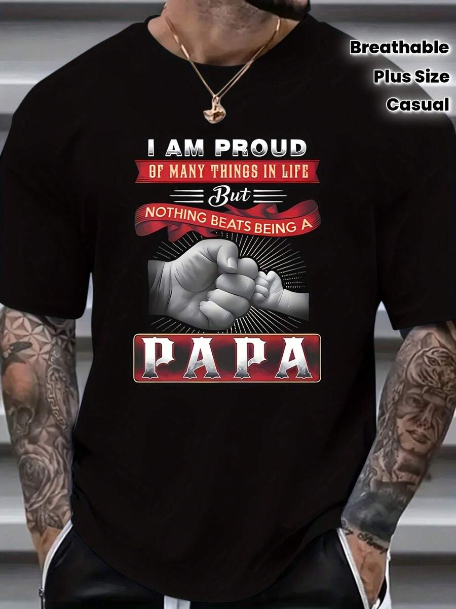 Camiseta Gráfica de Algodón 100% para Hombre, Talla Grande - Diseño de Puño "Papa" con Frase Inspiradora en Rojo Intenso, Ropa Casual Cómoda y Elástica para Actividades al Aire Libre y Vestimenta Informal, Camiseta con Frase Motivacional, Tela Transpirable - Negro - Ver 1