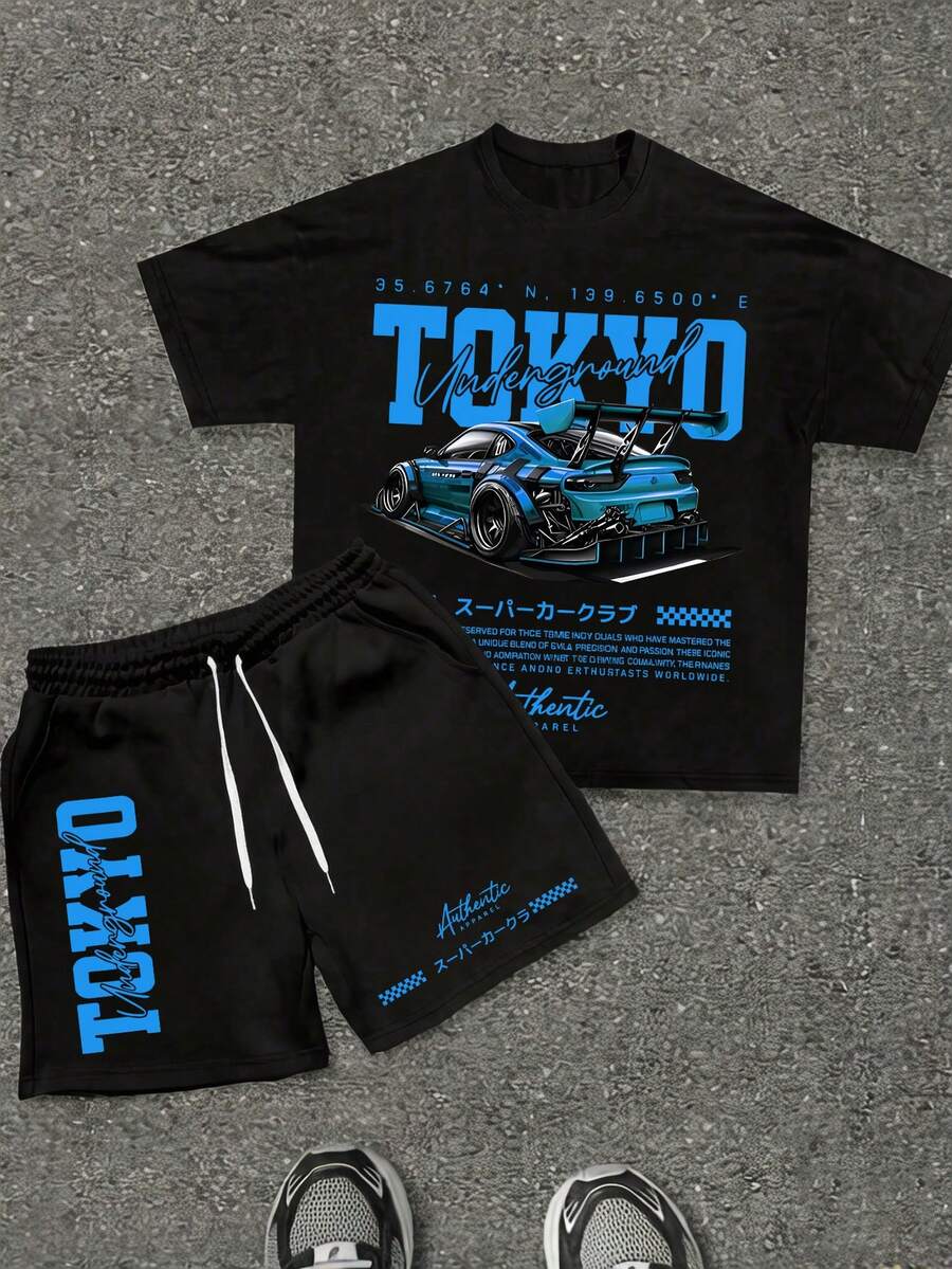 Fashion 2PC Set - TOKYO Underground Sports Car Pattern Printed T-Shirt+Shorts, 100% Polyester Fiber, Breathable And Comfortable Streetwear Set - 黑色 - 查看 1