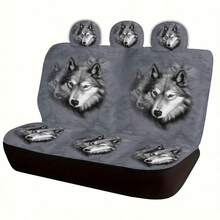 1pc Fashionable Retro Cool Gray Wolf Pattern Car Seat Cover Universal - Big Bad Wolf - View 5