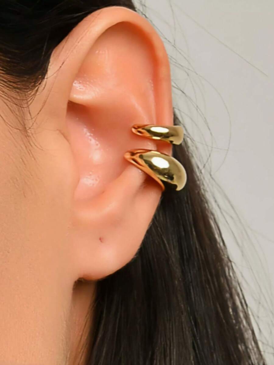 Bộ 2 khuyên tai kẹp hình chữ C tròn, thời trang, đa năng, bề mặt nhẵn, khuyên tai dạng kẹp vành tai. - Vàng - Xem 1