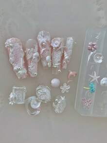 1 Stück Nagelkunst Form im Ozean-Thema, Muschel, Seestern, Delfin, Palme, 3D geschnitzte Nageldekoration, unverzichtbares Werkzeug für Nageltechniker - Transparent - Übersicht 2