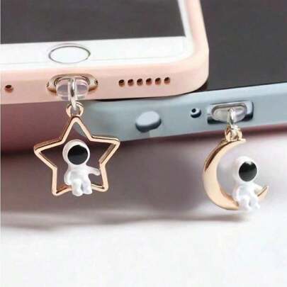 2pcs Astronaut Star & Moon Decor Phone Dust Plug