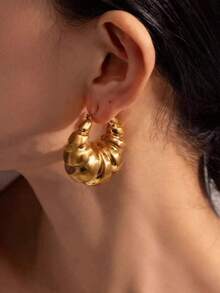 1 Pair Of Fashionable Thick Metallic Finish Round Hoop Earrings For Women, All-Season Jewelry - 銀色 - 查看 5