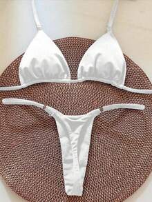 Bộ bikini tam giác màu trơn dành cho nữ, trang trí bằng vòng hình trái tim. Thiết kế cúp ngực tam giác, dây mảnh, ngọt ngào và thời trang. Thích hợp cho kỳ nghỉ. - trắng - Xem 5