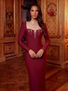 性感圆领单肩袖镂空系带褶皱紧身迷你连衣裙 - 酒紅色 - 查看 2