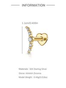 1件精致别致的925纯银镀18K金/银色弧线锆石心形平底螺纹唇钉耳环，低过敏性，低敏感度，适合女性、女孩日常佩戴和派对佩戴，是送给她们的礼物。 - 金色 - 查看 5