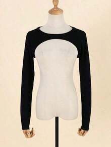 1Pc Women Modal Black Shrug Top, Long Sleeve Faux Collar Layering Accessory, Comfortable & All-Match - Khaki - View 3