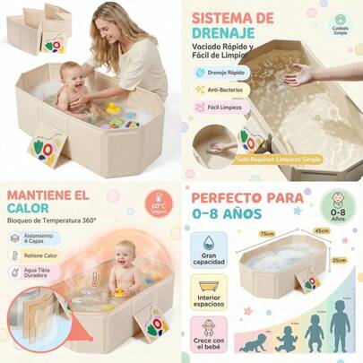 Tina portátil para ducha Tina de Baño Plegable para Bebé Tina de bebé portátil Tina plegable para niños Portátil Lista para viajes y ducha Fácil de limpiar Resistente y gruesa Se adapta a edades de 1 a 3 años Beige