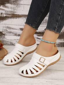 Women's Hollow Out Slip-On Thick Sole Slippers, Solid Color Elegant Avant-Garde Beach Resort Fashion Bohemian Casual Sexy Hollow Out Women's Wedge Thick Bottom Sandals, Summer - White - View 6