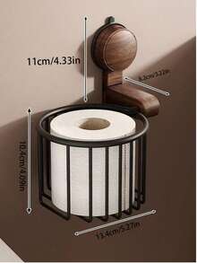Portarrollos de papel higiénico con cesta de almacenamiento de ventosa, organizador de pared de madera de nogal y metal, sin necesidad de perforar - Color caoba - Ver 4