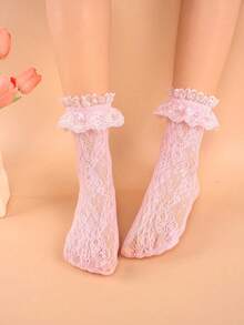 1 Pair Women's Lace Mid-Calf Socks With Ruffle, Elastic Hollow-Out Net Design, Lolita Style Kawaii Socks - Multicolor - View 6