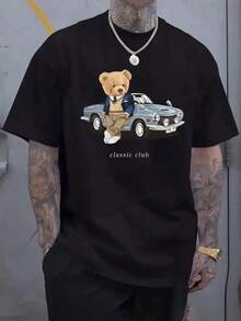 Camiseta de Hombre Talla Grande 100% Algodón con Lindo Patrón de Oso de Peluche y Coche, Diseño Clásico de Club, Camiseta Casual Cómoda de Manga Corta en Verano, TALLA GRANDE - Negro - Ver 12