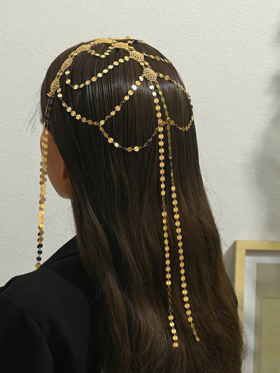 1件阿拉伯风格镀金菱形亮片头链，女士婚礼、派对、节日、假日配饰 - 金黃色 - 查看 1