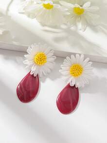 1 Pair Luxury Niche Resort Style Rattan Woven Resin Water Drop Earrings For Women, Asymmetrical Texture Crimson Red Water Drop Earrings, Vacation Travel Accessory - Flower Earrings - View 2