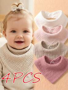 4pcs Candy Color Pure Cotton Simple Baby Bibs Set, Pleated Texture Cotton Infant Drool Bibs, Cute Unisex Burp Cloths Suitable For Daily Use All Seasons - Multicolor - View 3