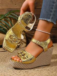 European And American Style Thick Bottom Wedge Sandals For Women, Leopard Print & Solid Black Hollow Buckle High-Top Open Toe Super High Heel Shoes - Gold - View 6