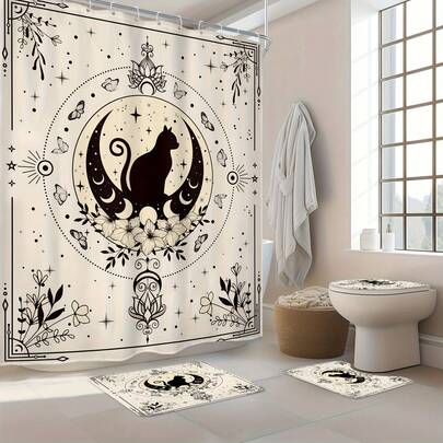 2D Flat Design | 1-Piece Or 4-Piece Set - 2D Flat-Style Bohemian Black Cat Shower Curtain Set: Complete Bathroom Ensemble For Decor & Enhancement. Modern Gothic-Inspired Beige Shower Curtain Featuring Moon Phases And Floral Motifs. Includes 12 Hooks, Non-Slip Mat, And U-Shaped Toilet Mat & Lid Cover.