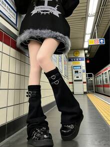 1双女士护腿套，Y2K风格，洛丽塔风格 - 爱心扣喇叭针织袜，过膝长筒袜，黑白配色，适合可爱JK洛丽塔Y2K哥特风，防滑加厚保暖，秋冬春秋圣诞节万圣节日常可爱礼物 - 黑色 - 查看 6