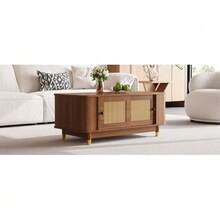 Couchtisch Mit Rattan-Schiebetüren, Abgerundete Ecken, Stauraum, MDF, Holzoptik, Wohnzimmertisch, Modernes Design - Walnut - View 7