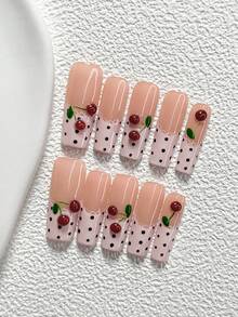 10Pcs Sweet Cherry Style Handmade Nail Art Set,Unghie Press On,Cherries, Patterns, Polka Dots,Pink, Black And Red Nail Polish,Includes Nail Tools,3 Sizes Available,Almond Nails , Duck Nails,Coffin Nails For Party, Dance, Daily Wear - 彩色 - 查看 13