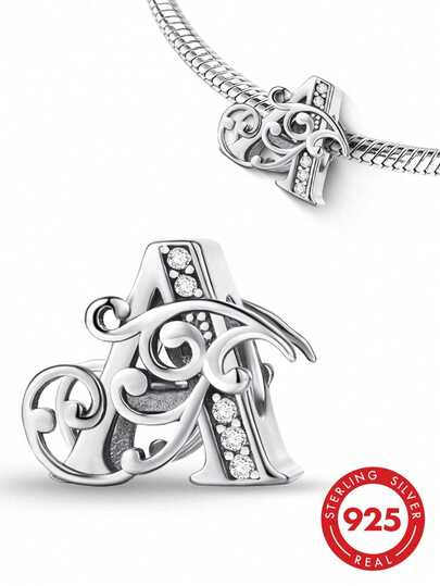 1pc 925 Silver 26 Letter Beaded Pendant, Suitable For Women's Bracelet, Bangle DIY Jewelry Making, Anniversary Gift, Elegant Women Jewelry