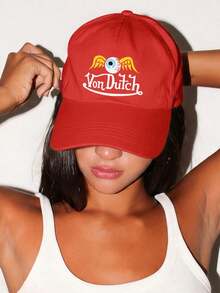 1pcs Von❤️Dutch Winged Eye Printed Baseball Cap, Classic Casual Retro Y2K Unisex Baseball Cap, Adjustable Size, Lightweight And Sun Protection, Suitable For Outdoor Sports, Daily Use, Parties, And - Đỏ - Xem 2