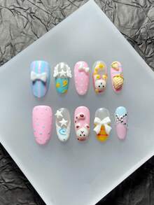 1 Set Handmade Embossed Nail Stickers - Featuring Cute Minimalist Design. These Oval Short Nail Stickers Have 3D Nail Art Design, Including Adorable 3D Sculptural Elements Like Cats And Strawberries. Each Cartoon-Style Artificial Nail Sticker Is Meticulously Handcrafted, Presenting A Sweet And Charming Aesthetic. Nails - Multicolor - View 10